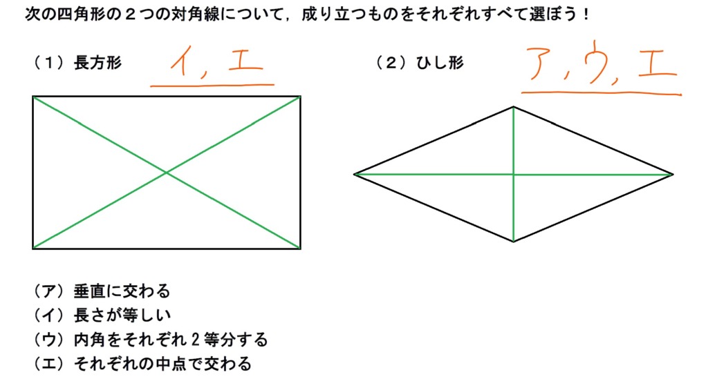 長方形とひし形の対角線の問題の解説画像